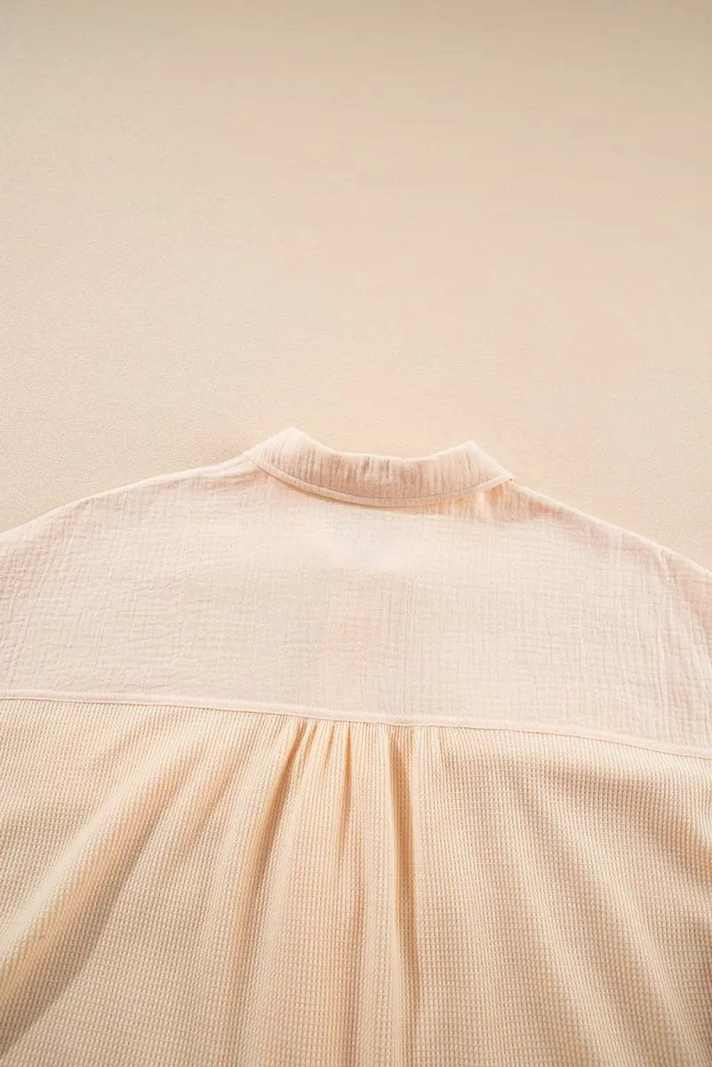 Beige Waffle Splicing Short Batwing Sleeve Flap Detail Shirt - Love Salve